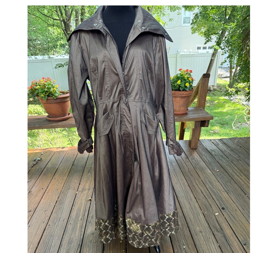 Avant Garde Metallic Bronze Trench Coat Long Quilted Hem Jacket Brown Womens